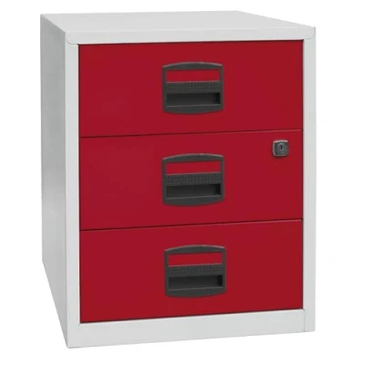 Abbildung von Bisley Home mobiler Beistellschrank PFA, 3 Universalschubladen, Metall, 506 Korpus Lichtgrau, Fronten Kardinalrot, 40 x 41.3 52.8 cm