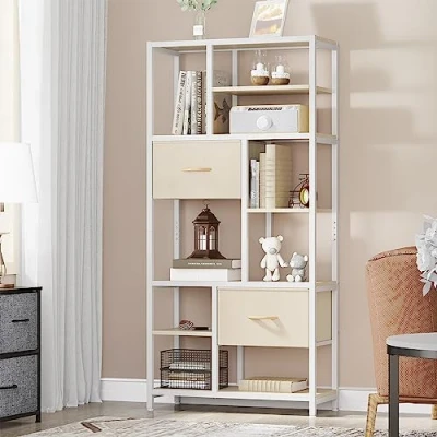 Abbildung von YITAHOME Bücherregal, 7 Regal Bücherregal mit Schubladen Boden bis zur Decke industrielle Stahlregal, geeignet für Wohnzimmer, Büro, Arbeitszimmer, Flur, Küche, Beige