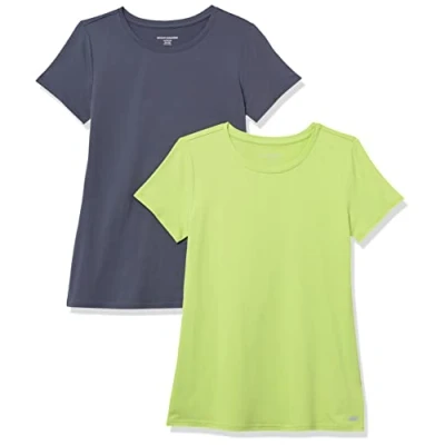 Abbildung von Amazon Essentials Damen Kurzärmliges Tech Stretch T Shirt mit Rundhalsausschnitt (in Übergröße erhältlich), 2er Pack, Lindgrün/Schiefergrau, S