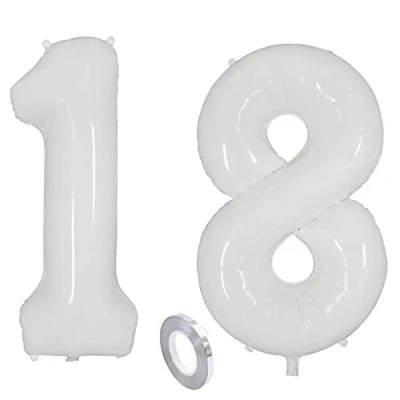 Abbildung von Weiß Luftballons Zahl 18. Geburtstag deko Mädchen Junge,Zahlen Ballon 18 deko, 40 Zoll Heliumballon jahre Geburtstagsdeko Junge Aufblasbar Helium Folienballon Weiß（18）