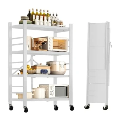 Abbildung von Regal zu Lagern. Modulares Mehrzweckregal. mit Rädern. Klappbares Standregal. Möbel für Küche, Bad, Schlafzimmer, Wohnzimmer 4 Ablagefächern.