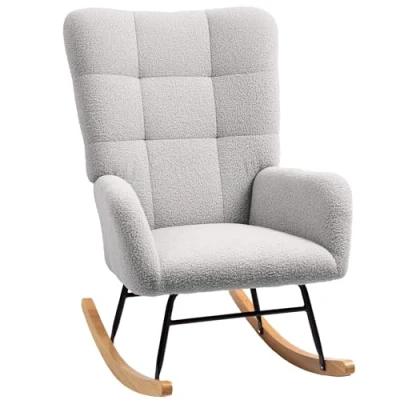Abbildung von HOMCOM Schaukelstuhl, Schaukelsessel mit Armlehne, Teddysamt Optik, Relaxsessel Holzkufen, Schwingsessel Stillsessel für Schlafzimmer, Wohnzimmer, Hellgrau