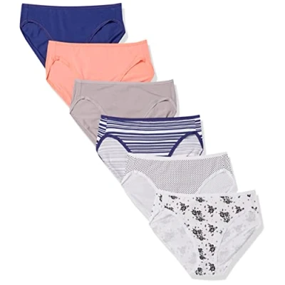 Abbildung von Amazon Essentials Damen Slip aus Baumwolle mit hohem Beinschnitt (in Übergröße erhältlich), 6er Pack, Floral/Mehrfarbig/Punkte/Streifen, 36