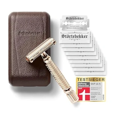 Abbildung von Störtebekker® Premium Rasierhobel im handgefertigten Leder Etui Rasier Set mit 10 Rasierklingen, Reise und eingebautem Spiegel Nassrasierer Vintage Look 2 seitigem Klingenkopf