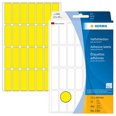 Abbildung von HERMA 2361 Vielzweck Etiketten, 896 Stück, 13 x 40 mm, 28 pro Bogen, selbstklebend, Haushaltsetiketten zum Beschriften, matt, blanko Papier Klebeetiketten Aufkleber, gelb