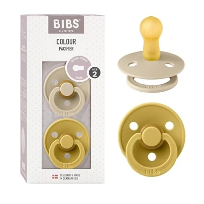 Abbildung von BIBS Colour Schnuller 2er Pack, BPA frei, Kirschform Nippel. Naturkautschuk/Latex, Hergestellt in Dänemark. Größe 2 6+ Monate Vanilla/Mustard