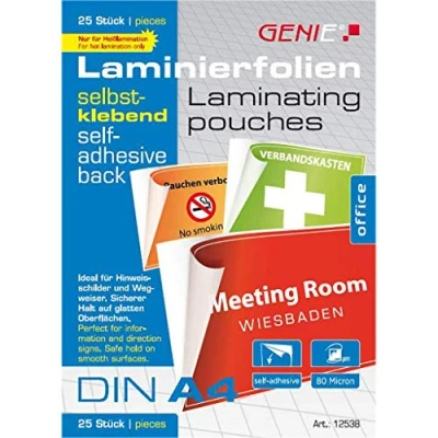 Abbildung von Genie 12538 DIN A4 Laminierfolien mit selbstklebender Rückseite glänzend, transparent, Folienstärke 80 mic, Geeignet für alle Heißlaminiergeräte, 25er Pack