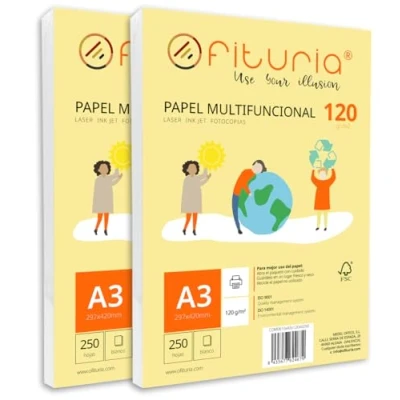 Abbildung von Packung mit 500 weißen DIN A3 Blättern, 120g Druckerpapier. Multifunktionales Kopierpapier für Schule und Büro. Ideal Laserdrucker, Tintenstrahldrucker oder Kopierer Ofituria