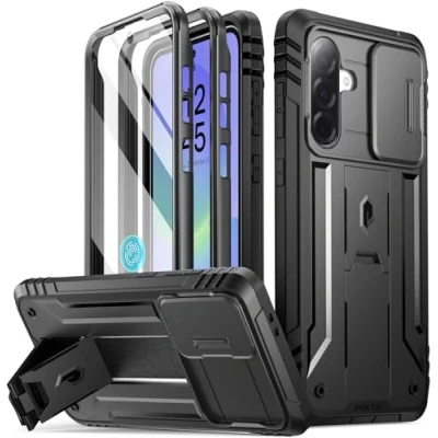 Abbildung von POETIC Revolution Hülle für Samsung Galaxy A36 5G, [Schiebe Kamera Abdeckung] [Displayschutz funktioniert mit Fingerabdruck ID] Militärqualität 5G Handyhülle Ständer, Schwarz