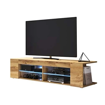 Abbildung von Mirjan24 Lowboard Francis mit Seitenregal und Led Beleuchtung, Fernsehschrank, TV Schrank, Tisch, Highboard, Fernsehtisch, Sideboard, Naturtöne, Bank in Holz Optik (Eiche Wotan, Modell: 140)