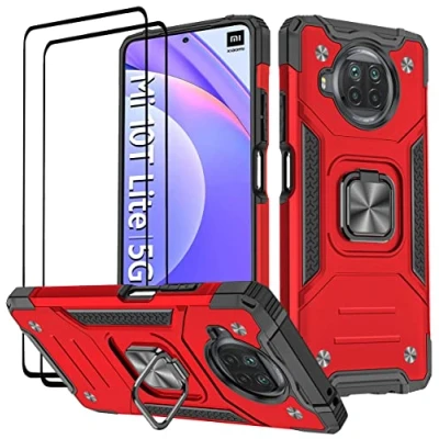 Abbildung von KANSi Hülle kompatibel für Xiaomi Mi 10T Lite 5G, Schutzfolie [2 Stück] Silikon TPU Hart PC Handy Hüllen 360 Grad Drehbar Ringhalter Bumper Stoßdämpfung Schutzhülle 5G Rote