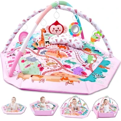 Abbildung von TFDER 8 in 1 Baby Spieldecke mit Spielbogen, Multifunktionsspielbogen für Neugeborene Bällebad,18 Bällen und 7 abnehmbaren sensorischen Spielzeugen, Krabbeldecken Babys ab 0+ Monaten(Rosa)
