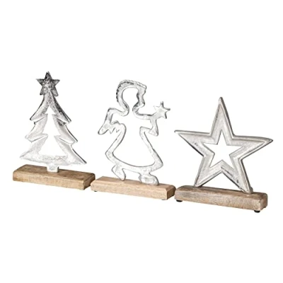 Abbildung von levandeo 3er Set Dekofiguren Weihnachten H25cm Stern Engel Baum Mango Metall Silber Deko Tischdeko Holz Dekoration Aufsteller