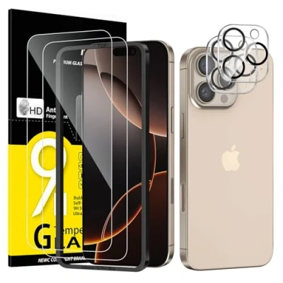 Abbildung von NEW&#039;C 2 x Panzer Schutz Glas für iPhone 16 Pro Max (6,9 Zoll) und Kamera Kameraschutz kratzfest 9H Härteglas folie Einfaches Installationswerkzeug enthalten