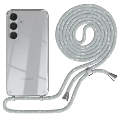 Abbildung von EAZY CASE Handykette kompatibel mit Galaxy S25 Plus Handyhülle Umhängeband, Handykordel, Silikonhülle, Hülle Band, Stylische Kette für Smartphone, Grau/Weiß Clips Silber