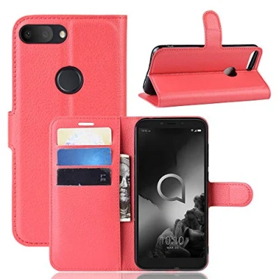 Abbildung von Fertuo Hülle für Alcatel 1S 2019, Handyhülle Leder Flip Case Tasche mit Standfunktion, Kartenfach, Magnetschnalle, Silikon Bumper Schutzhülle Wallet Cover Rot