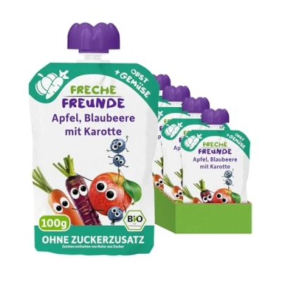 Abbildung von FRECHE FREUNDE Bio Quetschie Apfel, Blaubeere mit Karotte, Fruchtmus Gemüse im Quetschbeutel für Babys ab dem 6. Monat, vegan, 6er Pack (6 x 100g)