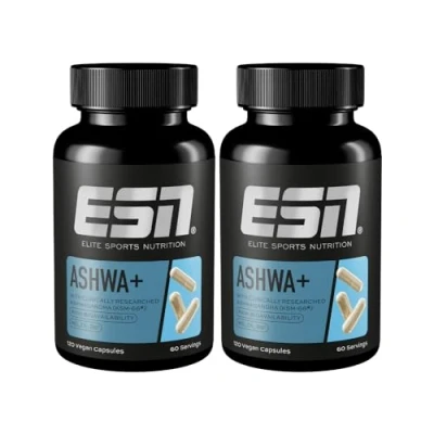 Abbildung von ESN Ashwa +, patentierter Ashwagandha Wurzelextrakt KSM 66®, 2 x 120 Kapseln, indische Schlafbeere, mit Magnesium, Vitamin B6 &amp; Zink, vegan made in Germany