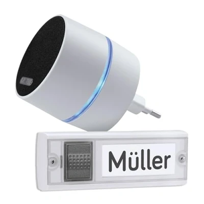 Abbildung von Grothe Mobile Funkklingel Türklingel Funkgong Set mit Haustürklingel Kabellose Türglocke 500m Reichweite 13 Melodien Steckdosenbetrieb Weiß CALIMA 400 (Optische Signalanzeige durch farbigen LED Ring)