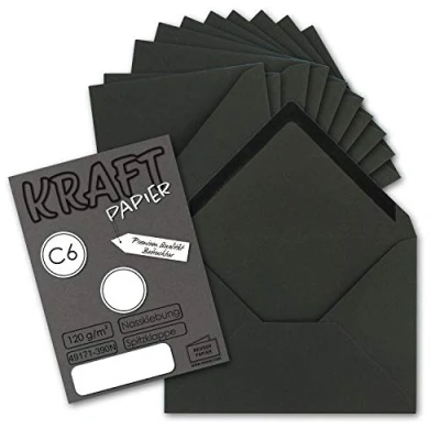 Abbildung von 100x Kraftpapier Umschläge DIN C6 Schwarz 11,4 x 16,2 cm ohne Fenster Vintage Briefumschläge mit Nassklebung Spitzklappe NEUSER PAPIER