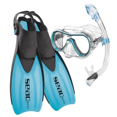 Abbildung von Seac Unisex Adult Sprint Set mit riemenverstellbaren Flossen, Tauchmaske und Schnorchel Dry Top, blau, 36/38
