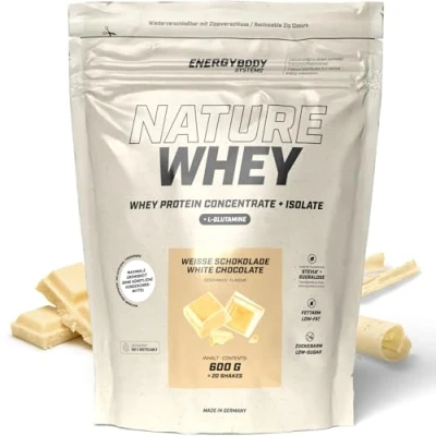 Abbildung von Energybody Nature Whey Protein Isolate &amp; Concentrate 600g Beutel/zucker und fettarmes Molkenproteinpulver/Eiweiß Pulver ohne künstliche Verdickungsmittel/Eiweiss Shake (Weiße Schokolade)