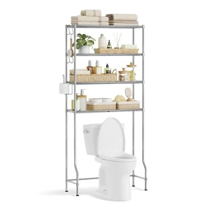 Abbildung von SONGMICS 4 stöckiges Toilettenregal, Badezimmerregal, Waschmaschinenregal, verstellbare Ablagen, mit Haken, Toilettenpapierhalter, platzsparend, 30 x 83 176 cm, Taubengrau BTS023G01