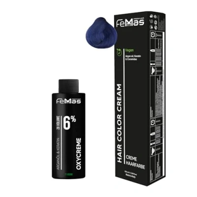 Abbildung von Femmas Haarfarbe Set Blau I Hair Color Cream 100ml + Oxycreme 6% Permanente Haar Coloration Entwickler Schonend &amp; langanhaltend Salon für Zuhause