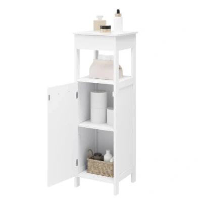 Abbildung von EUGAD Badezimmerschrank 4 Ebenen, stehender Badschrank, Badkommode mit Tür, aufklappbarer Ablage, verstellbarem Einlegeboden, Eckschrank für Badezimmer Wohnzimmer Flur, Weiß, 32x99x30 cm