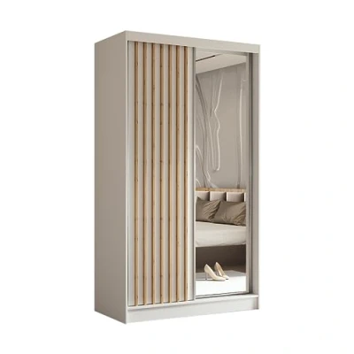 Abbildung von MargaretHadas24 Kleiderschrank Erika mit Lamellen und Spiegel inklusive 2 Schiebetüren Schwebetürenschrank Kleiderstange Garderobe 120 cm (weiß, weiß, Lamelle Artisan)