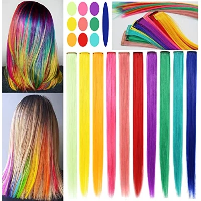 Abbildung von Rhyme 10 PCS Farbigen Haarverlängerungen für Mädchen Frauen Regenbogen Haarteile Perücke Haar Styling Mehrfarbige Party Hightlight Haarschmuck (Regenbogenfarbe)