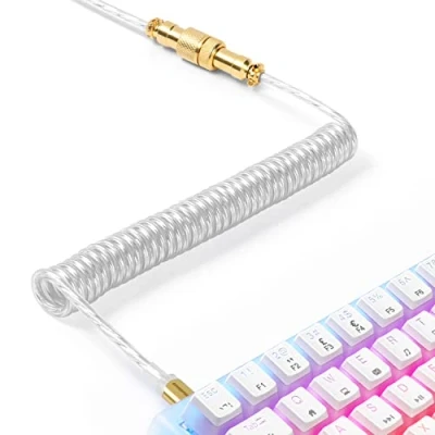 Abbildung von XINMENG C02 Spiraltastaturkabel, TPU erweiterbares USB C Spiralkabel, Typ auf A, mit abnehmbarem Luftfahrtstecker aus Goldmetall, für Tastatur, Mac, PC, Laptop durchsichtig