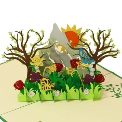 Abbildung von LINPOPUP®, LIN17665, Pop Up Karte Blumen, Geburtstagskarte, Grußkarten Klappkarte Muttertagskarte, Danke, Viel Glück, Bienen, Schmetterling, Blumenwiese, N388