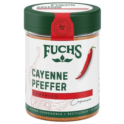 Abbildung von Fuchs Gewürze Cayennepfeffer gemahlen für einen scharfen Geschmack in allerlei Gerichten natürliche Zutaten 60 g wiederverwendbarer, recyclebarer Dose