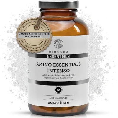 Abbildung von QIDOSHA® Master Aminosäuren Komplex Presslinge, Rezeptur nach Dr. Moretti, 360 Stk/Glas, mit 99% Netto Stickstoffverwertung (NNU), 8 essenzielle Aminosäuren, 100% vegan