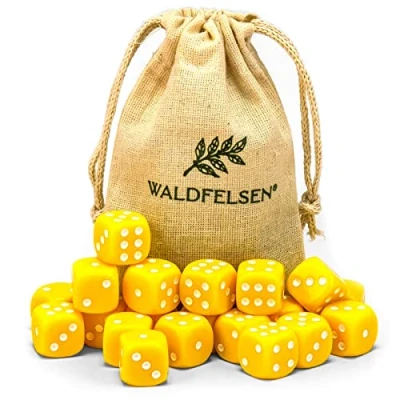 Abbildung von Waldfelsen 6, 12, 20, 30 oder 50 hochqualitative Würfel Standardgröße 16 mm Acrylwürfel Knobel Spielwürfel Dice 6 seitig sechsseitig Spielzubehör Set mit Stoffbeutel (Gelb, 20 Stück)