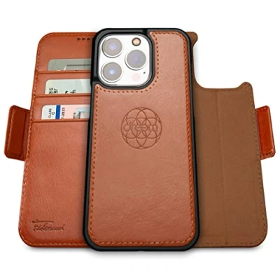 Abbildung von Dreem Fibonacci kompatibel mit iPhone 14 Pro Max Brieftaschen Etui / 2 in 1 stoßfestes und abnehmbares Folio aus veganem Leder, MagSafe kompatibel, RFID Schutz [Karamell]