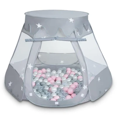 Abbildung von SELONIS Baby Spielzelt Mit Plastikbällen Zelt 105X90cm/300 Bälle Plastikkugel Kinder, Grau:Perle Grau Transparent Puderrosa