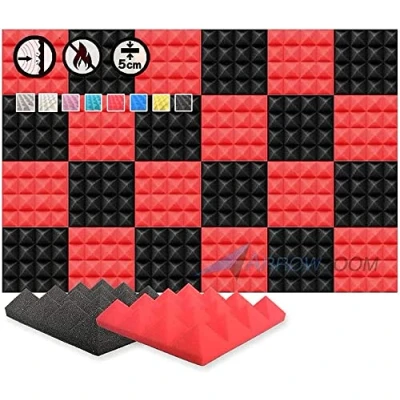 Abbildung von Arrowzoom 24 Akkustik Platten Akkustikschaumstoffmatten Akustikschaumstoff 25x25x5cm Fliesen Dämmung Wanddeko Pyramiden Noppenschaumstoff Breitbandabsorber Decke Foam Feuerhemmend Rot Schwarz