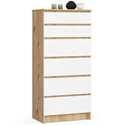 Abbildung von Kommode in Artisan Eiche weiß mit 6 geräumigen Schubladen, 60 cm breit, 130 hoch Schlafzimmer Flur Wohnzimmer Organizer Schubladen Holz Highboard Sideboard Schrank