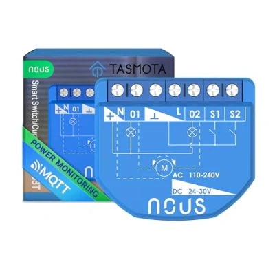 Abbildung von NOUS WiFi Tasmota Schaltmodul, 16A 2 Kanäle mit Leistungsmessung/Vorhangmodul 1 Kanal, ESP32, Temp Sensor, Matter &amp; MQTT, Trockenkontakte, Kompatibel Alexa, Home Assistant, Google Home, Apple