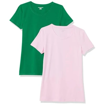 Abbildung von Amazon Essentials Damen Kurzärmeliges T Shirt mit Rundhalsausschnitt, Klassischer Schnitt, 2er Pack, Grün/Hellrosa, M