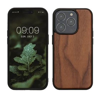 Abbildung von kwmobile Hülle kompatibel mit iPhone 15 Pro Holz Case stoßfestes Handy Cover TPU Handyhülle in Dunkelbraun