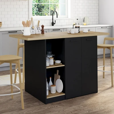 Abbildung von Mittelinsel aus schwarzem Holz mit Arbeitsplatte in Buchenholzoptik 140 cm 4 Personen Stauraum IDMarket