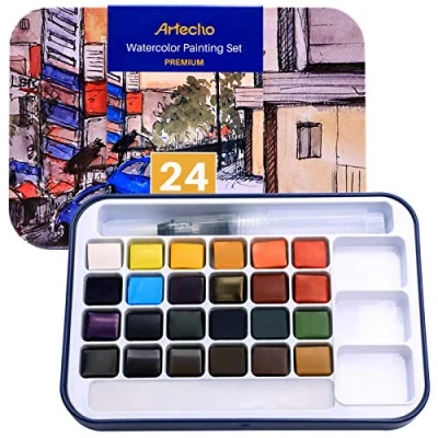Abbildung von Artecho Aquarellfarben Set, 24 Basic Farben Wasserfarben, Aquarell mit Wassertankpinsel, Tragbar Malkasten, perfekt für Anfänger und Profis, das ideale Geschenk
