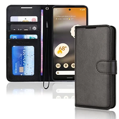 Abbildung von TECHGEAR Leder Hülle Pixel 6a, PU Flip Case Schutzhülle Ledertasche [Brieftasche] Handyhülle mit Ständer und Handschlaufe Beutel kompatibel Google 6a Schwarz