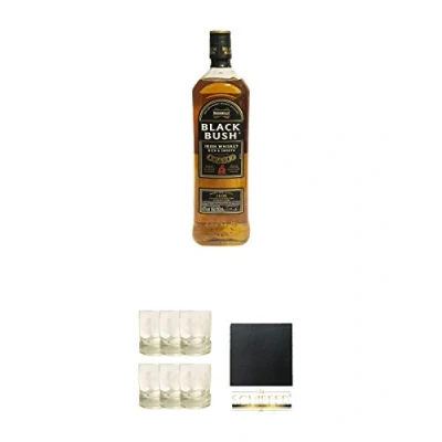 Abbildung von Bushmills Black Bush Irish Whiskey Country Antrim 1,0 Liter + Gläser 6 Stück Schiefer Glasuntersetzer eckig ca. 9,5 cm Durchmesser