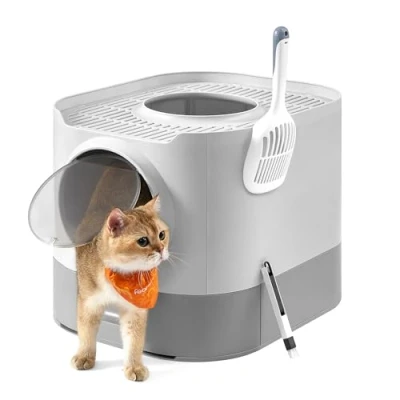 Abbildung von Feandrea Katzenklo, Katzentoilette XXL, mit Deckel, ausziehbares Tablett, Schaufel, Bürste, für Katzen verschiedener Größen, weniger Spuren, Taubengrau hellgrau PPT002GD01