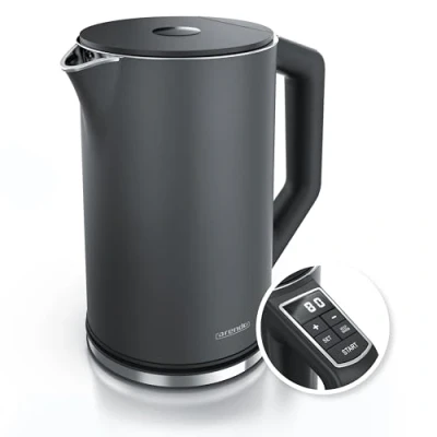 Abbildung von Arendo Edelstahl Wasserkocher mit Temperatureinstellung 40 100 Grad in 5er Schritten Doppelwand Design Modell ELEGANT 1,5 Liter 2200 W Teekocher Temperaturanzeige GS Cool Grey