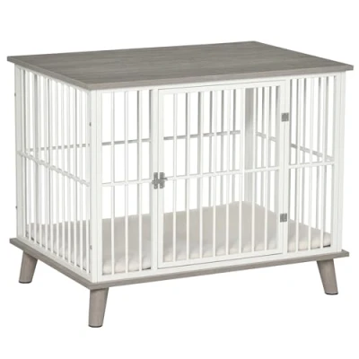 Abbildung von Hundekäfig aus Holz mit Kissen Hundebox in erhöhtem Design Weiß+Grau